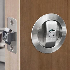 SANGRENSHEN Sliding Door Lock Pocket Door Indicator Lock Flush Handles Latch Privacy Bed/Bath Latch for 3cm to 5cm Thickness Door Silver