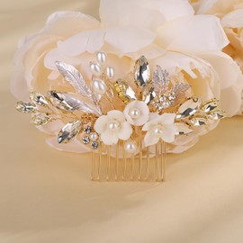 Teyglen Dainty Gold Rhinestone Flower Hair Comb Silver Leaf Flower Headpiece Bridal Crystal Pearl Hair Piece Wedding Flower Hair Comb Floral Hair Accessories for Women(Gold)