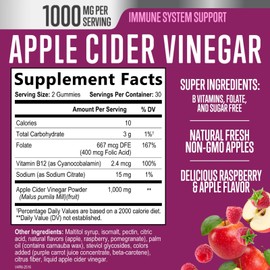 Apple Cider Vinegar Gummies Sugar Free 1000mg for Cleanse, ACV Gummy Vitamin B12 for Digestion Energy & Immune Health Support, Natural Premium Apple Raspberry Flavor, Non GMO & Vegan - 60 Gummies