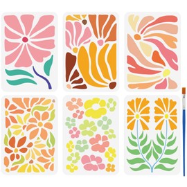 FINGERINSPIRE Pack of 6 Botanical Flower Stencils with Brush 21 x 29.7 cm Floral Pattern Bohemia Texture Stencil Vintage Tropical Floral Decorative Stencil for Wall Tiles Floor Paper Furniture