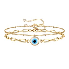 TINGN Evil Eye Bracelet for Women, 14K Gold Filled Handmade Layered Paper Clip Chain Bracelet Pearl Chain Round Evil Eye Bracelet for Women Jewellery (Evil Eye & Paper Clip Chain), Metal