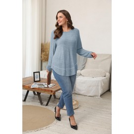 Aokosor Ladies Tops Womens Long Sleeve Tops Ladies Jumpers for Women UK Curved Hem Casual Tunic Blue Size 26-28