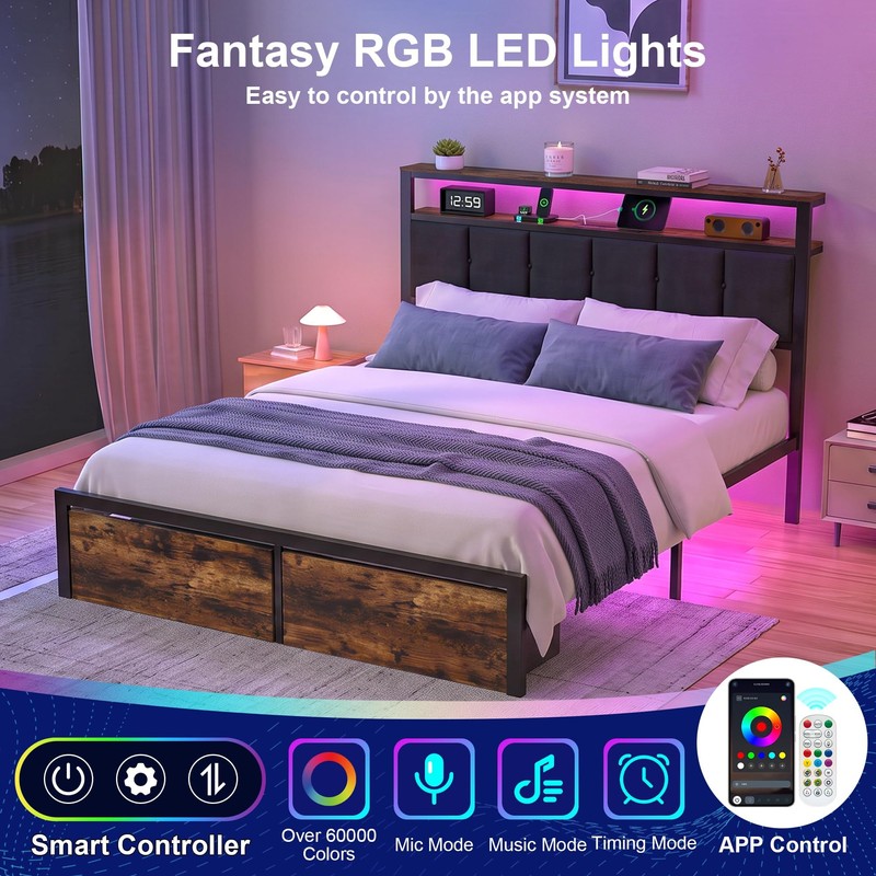 Queen Bed Frame with Storage Drawers, Upholstered Headboard with LED
