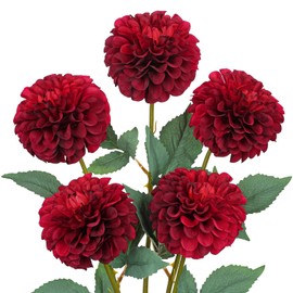 Hollyone 5PCS Artificial Dahlia Flowers Fall Decor 21.2" Fake Silk Flowers Red Real Looking Autumn Dahlia with Long Stems for DIY Wedding Bouquets Centerpieces Arrangements Party Home Fall Decorations
