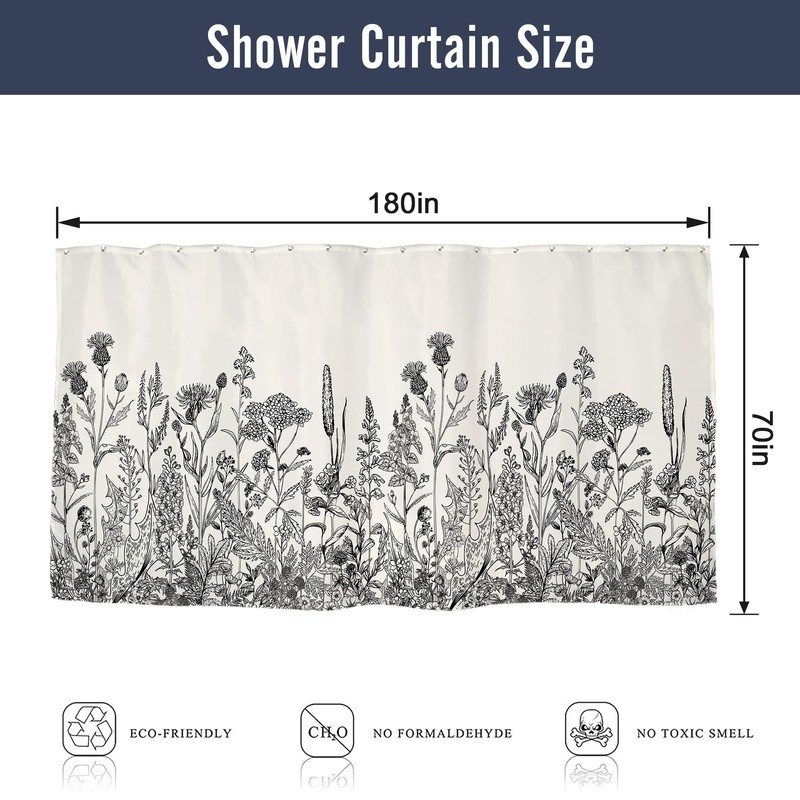 Riyidecor Clawfoot Tub Extra Wide Shower Curtain 180Wx72H Inch Flower