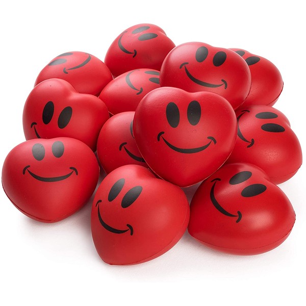 Neliblu Heart Stress Balls - Valentines Day Red Hearts 3" Smile Face Squeeze Stress Relief Heart Shaped Balls; Fun Party Favors for Kids and Adults (1 Dozen)