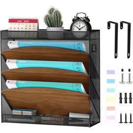 Wall File Organizer, Wood Wall File Holder, 7 Tier Vertical Hanging Wall File Organizer, 5 Pockets Wall Mount File Holder with Top and Bottom Flat Tray for Office School Home, Black - Model: wall file organizer