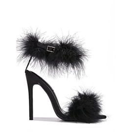 Cape Robbin Women's Open Toe Ankle Strap Fluffy Feather Stiletto High Heel Sandal BRUZZ - BLACK 9