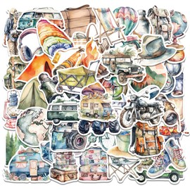 100PCS Watercolor Travel & Camping Stickers – Vinyl Waterproof Decals Featuring Retro Tents, Suitcases, Binoculars, Cameras & Compass – Aesthetic for Journals, Bottles – Ideal for Teens & Adults