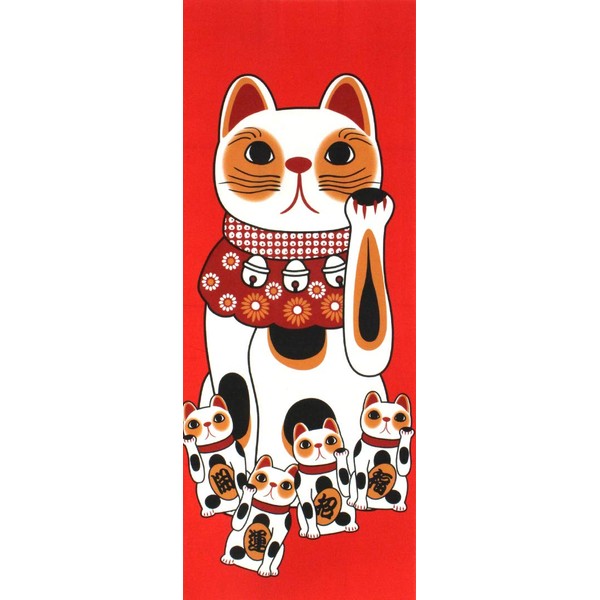 Tenugui, Maneki Neko (Maneki Neko), Red Lucky Cat, Printing, Single-Sided Dyed, Hand Towel, Interior Decoration