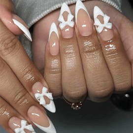 24Pcs Almond Press on Nails French Tips Medium Fake Nails White Bow Charms Designs Pointed Nail Tips Glue on Nails Glossy Full Cover Stick on Nails Almond Shaped Acrylic Nails for Women Manicure Salon