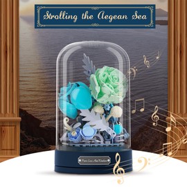 MEIEST Building Blocks Bouquet Set with Music Box and Dustproof Dome, Artificial Particles Flower Collection Building Brick Toy, Home Decoration, 6+ (Blue)