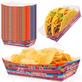 Mexican Nights Taco Trays, 48 Pcs Mexican Nacho Popcorn Food Boat Disposable Serving Basket Plates for French Fries Snack Hot Dog BBQ Birthday Carnival Fiesta Party Supplies
