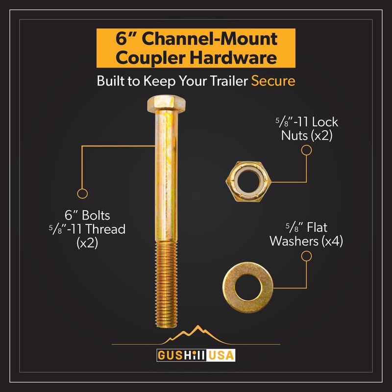 GusHillUSA GH25389-6 Channel-Mount Adjustable Trailer Coupler Hardware Kit, Yellow Zinc