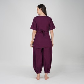 AKISO women Chakra Yoga Set Of 2 (Top & Pants) 100% Cotton Long Kurta Type Top Mid Waist Pants Elasticised Back Relaxed Fit | Size : M Purple