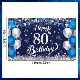 Happy 80th Birthday Banner, 1.1 x 1.8m Happy 80th Birthday Backdrop Banner Blue Silver 80th Birthday Decorations for Women Men, 80 Years Old Birthday Anniversary Party Supplies