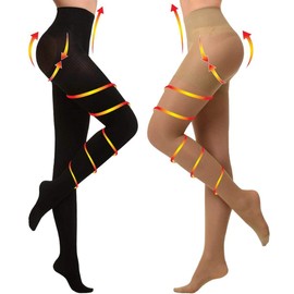 YISEMEYA 2 Pairs of Medical Compression Stockings Women's Long, 20-30 mmHg Support Stockings Women, Opaque Toe Wrap Compression Tights Women's Class Support for Varicose Veins, Edema, Beige and black.