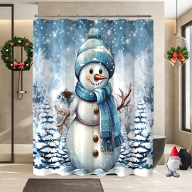 YOSTEV Christmas Shower Curtains for Bathroom, Blue Snowman Christmas Tree Pine Bathroom Curtain Decoration, Kids Winter Holiday Shower Curtain, Xmas Pine Fabric Cloth Bath Curtain 72x72 Inch