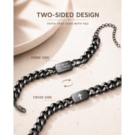 Bible Verse Cross Bracelet For Men, Stainless Steel Cuban Link, Christian Style Men's Bracelet, It Is The Best Gift for A Husband, Boyfriend, Father, Friend, or Brother. 7.8-inch + 2-inch extension chain (Black)