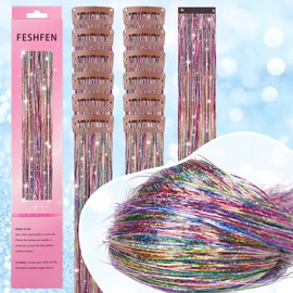 FESHFEN Clip in Hair Tinsel 12 PCs Colorful Clip ins Glitter Tinsel Hair Extensions Sparkle Fairy Hair Party Dazzle Colorful Hair Accessories Strands Kit for Women 20 Inch