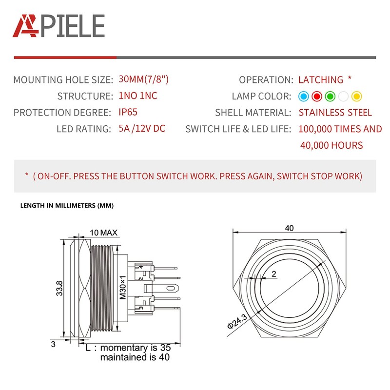 APIELE 30mm Latching Push Button Switch 12V Angel Eye LED