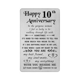 TANWIH 10 Year Anniversary Card Gifts for Women Her, Happy 10th Wedding Anniversary Cards for Wife, Engraved Metal Wallet Insert