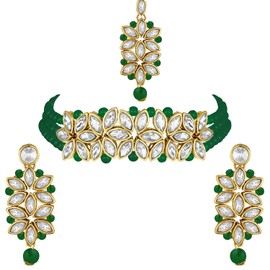Aheli Pearl Faux Kundan Choker collar con pendiente Maang Tikka indio tradicional Bollywood étnica joyería nupcial Set para mujeres