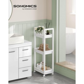 SONGMICS Bamboo Rolling Cart, 3-Tier Utility Cart on Wheels, Slim Narrow Storage Shelf, Bamboo Shelves, Space-Saving, Multifunctional, for Bathroom, Kitchen, White UBCB083W01