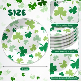 SiliFine 6 Pcs 6 Inch St. Patrick's Day Ceramic Decorative Plate Irish Shamrock Tableware Plate Leaf Clover Display Dish for St. Patrick's Celebration, Dinner Party, Wedding(White)