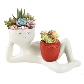 Cowenhey Lazy Guy Planter - Funny Smiling Face Resin Flower Pot with Double Drainage Hole, Cute Lying Down Figure Succulent & Cactus Planter, Unique Home Garden Decor Gift for Family & Friends (Red)