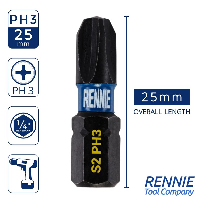 20 x Rennie Tools 25mm Long PH3 Impact Screwdriver Driver