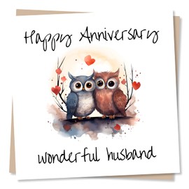 Happy Anniversary Card To Husband From Wife - Beautiful Owl Illustration - Made in UK