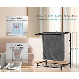 VSUINGO Large Freestanding Towel Rack, 32" L x 37.8" H for Oversized Bath Towels, Adjustable Height, 3-Tier Clothes Drying Holder with Storage Shelf for Bathroom, Aisle, Pool (Black)