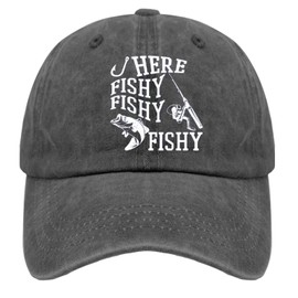 Fishing Here Fishy Fishy Fishy Caps Funny Golf Hat Pigment Black Dad Hat Gifts for Him Hiking Caps, Pigment Black, One Size