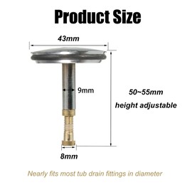 Bathtub Plug 43 mm Bathtub Universal Bath Plug Rustproof High Seal Drain Plug Made of Brass for Standard Bathtub Drain Height Adjustable 50 ~ 55 mm Silver