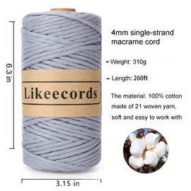Likeecords 4mm Single Strand Macrame Cord 80m Colored Macrame Rope, Cotton Rope Macrame Yarn, Colorful Cotton Craft Cord Wall Hangings, Plant Hangers, Crafts (Gray)