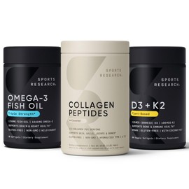 Sports Research Sports Research Unflavored Collagen Peptides, Triple Strength Omega 3 Burpless Fish Oil from Single-Source Wild Alaskan Pollock and Plant Based Vitamin D3 + K2 with Coconut Oil