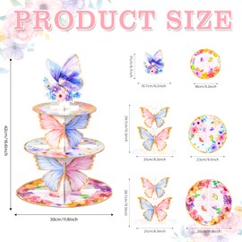3 Tier Butterfly Cupcake Stand Cardboard, Candy Dessert Holder,Butterfly Decorations with Floral Crownfor Wedding Baby Shower Theme Birthday Party Desserts Supplies