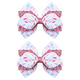 4" Glitter Confetti Sprinkle Birthday Hair Bow Alligator Clips Pink Sequin Cheer Barrettes Pins for Girls 1 2 3 4 5 6 Teens Toddler Kids Ice Cream Party Favor Gift Dress Accessories