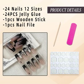 Jremg Black French Tip Press on Nails Long Square Coffin Fake Nails with 3D Bow Charms Designs Glossy Silver Star Rhinestones Glue on Nails Y2K Nude Pink Full Cover False Nails for Women Girls 24Pcs
