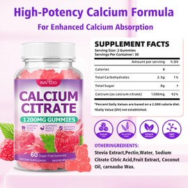 High Absorption Calcium Citrate Gummies 1200mg - Bone & Teeth Support for Adults & Kids, Vegan, Non-GMO, Sugar-Free Gummies, Raspberry Flavor, 60 Count