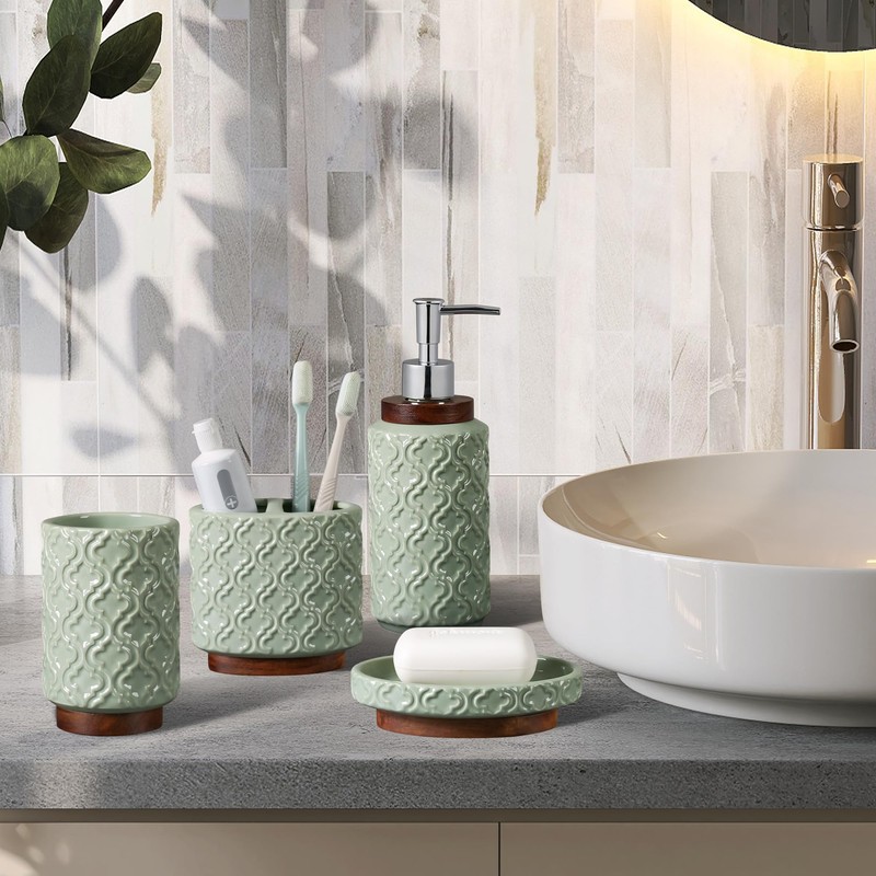 RQYIXI Elegant Bathroom Accessories Set 4 PCS Ceramic and Wood