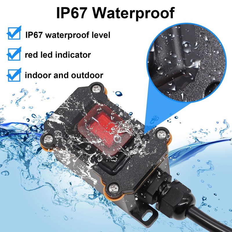 TWTADE Extension Cord with Switch On/Off, IP67 Waterproof Inline Cord