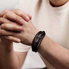 Lavari Jewelers Genuine Black Leather and Black Ion Plated Stainless Steel Bracelet- 8.5 Inch