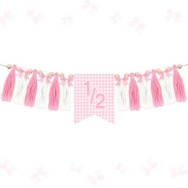 Pink Bow Half Birthday High Chair Banner, 1/2 Bday Party Chair Bow Banner Pink Tassel Wood Bead with Tassel Highchair Garland Birthday Decoration for Baby Girls Six Month Bday Party