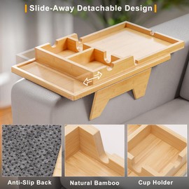 Bestjing Bestjing Bamboo Couch Cup Holder - Sofa Clip on Side Table for Wide Arm - 2 in 1 Couch Arm Table with Be Slide-Away Detachable Cup Holder - Sofa Armchair Caddy Tray for Drinking Snacks iPad TV Remote