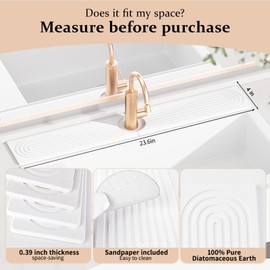 Faucet Mat for Kitchen Sink, 15.7" Quick Absorbent Diatomite Fast Drying Stone, Kitchen Sink Splash Guard and Bathroom Stone Tray for Counter (white, 23.6" x 4")