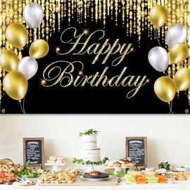 Lahviuu Gold Happy Birthday Banner 180 x 110 cm for Woman Man Girl Indoor Outdoor
