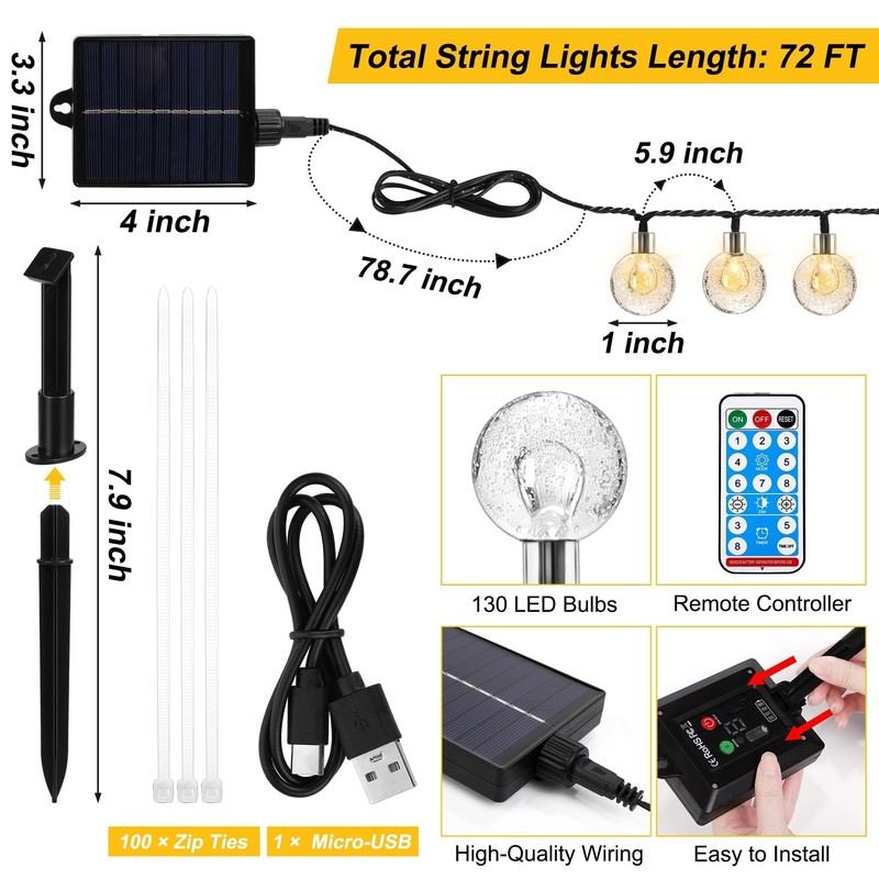 Hahood 72 Ft Solar Pool String Lights for Above Ground