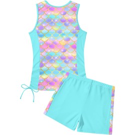 RAISEVERN Girls Tankini Swimsuit Size 10 Cute Two Piece Mermaid Swimsuits Summer Kids Colorful Fish Scale Bathing Suit Size 11 Boyshorts Beach Quick Dry Modest Swimwear for Pool Party
